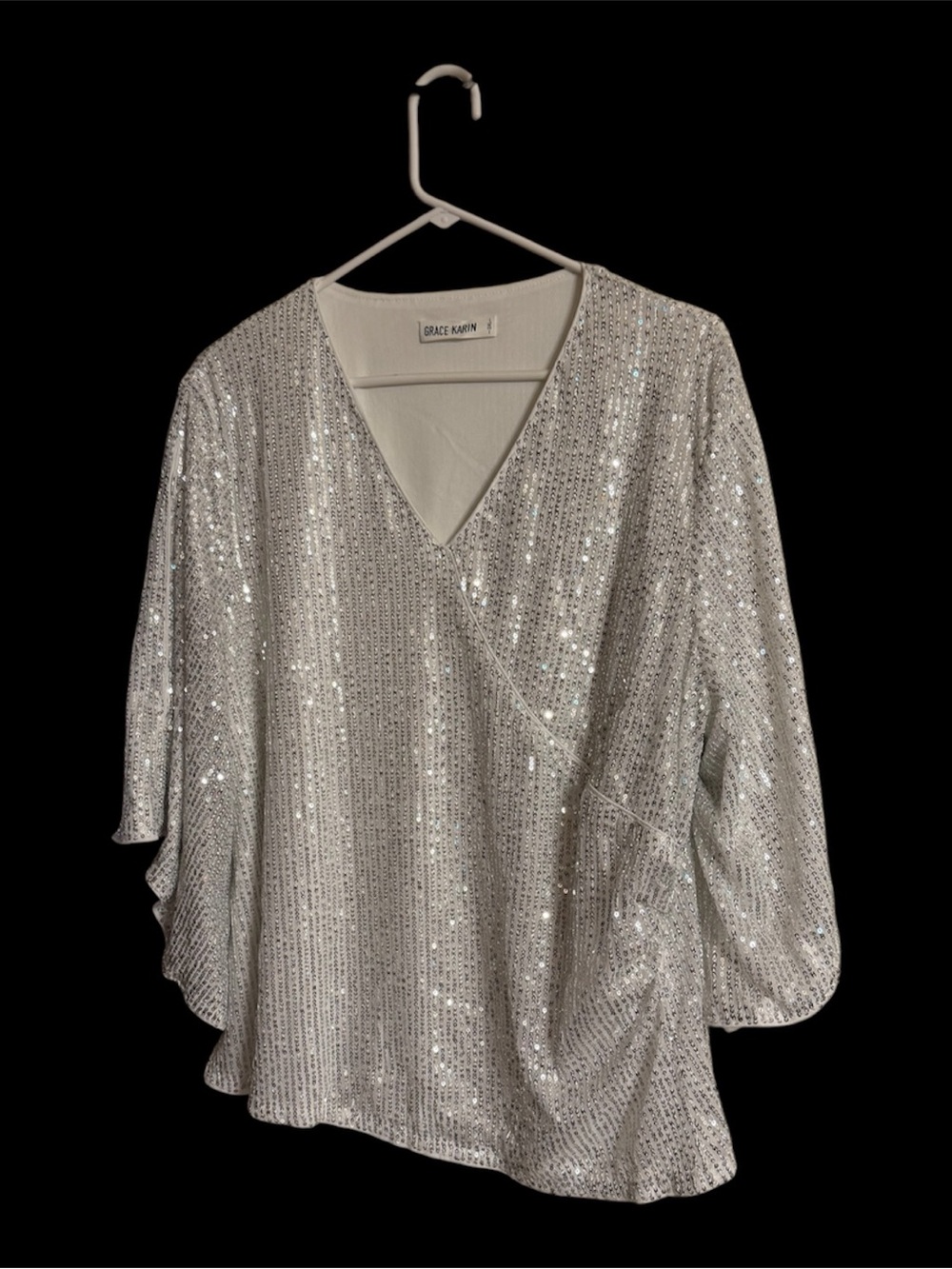 Grace Karin Silver Sequin Wrap V-Neck Blouse size 3XL